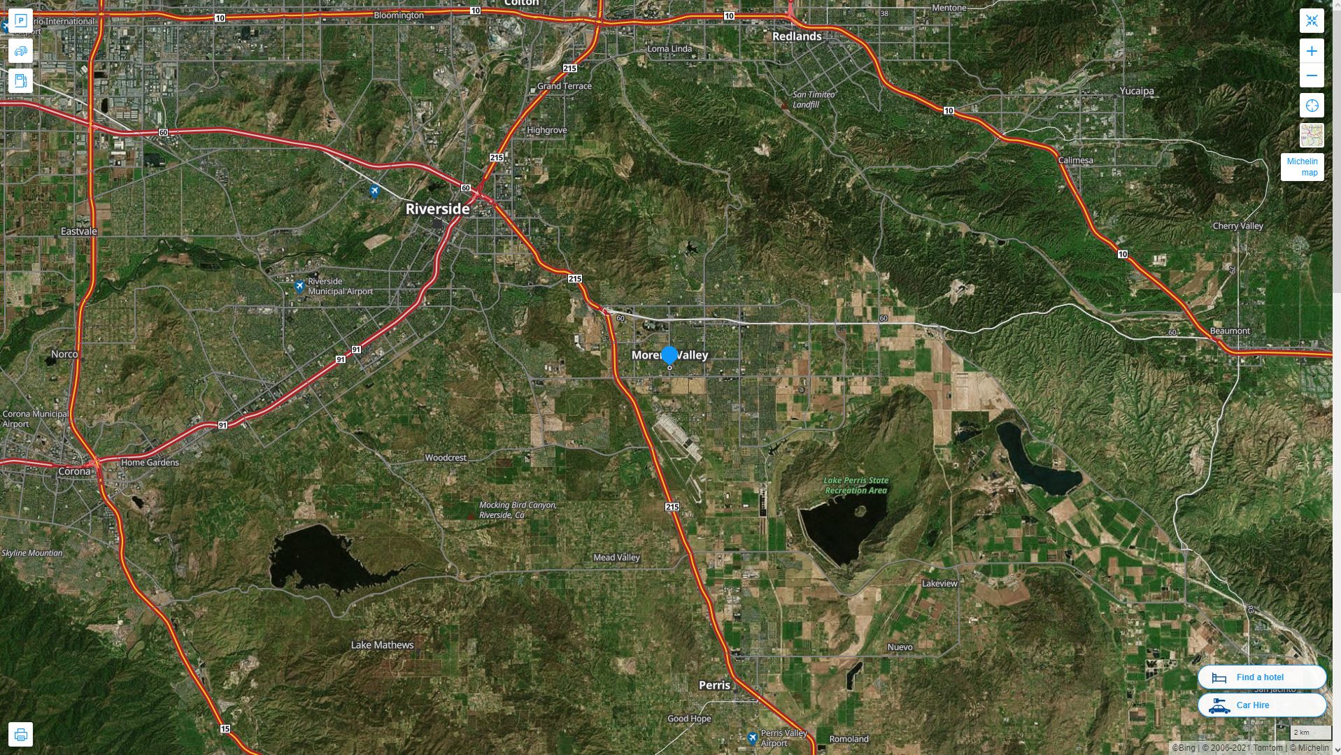 Moreno Valley California Highway and Road Map with Satellite View